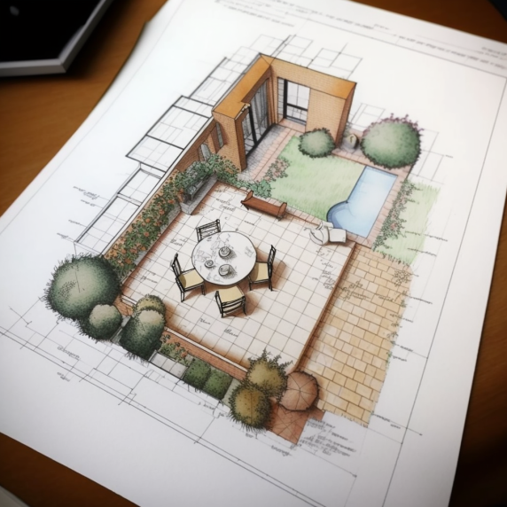 A drawing of a patio with a table and chairs