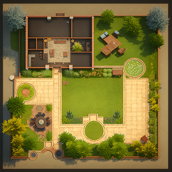 An aerial view of a house and a garden