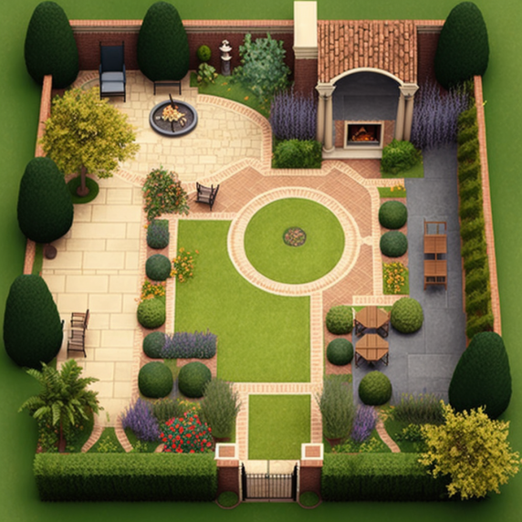 An aerial view of a garden with a fireplace