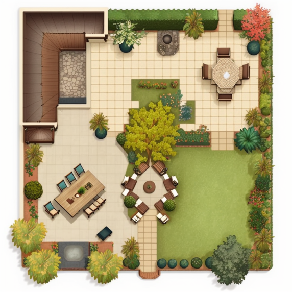 An aerial view of a garden with a table and chairs