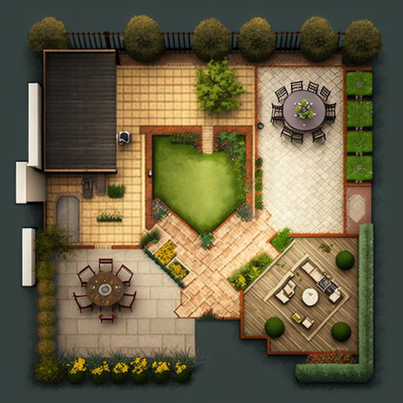 An aerial view of a garden with a table and chairs