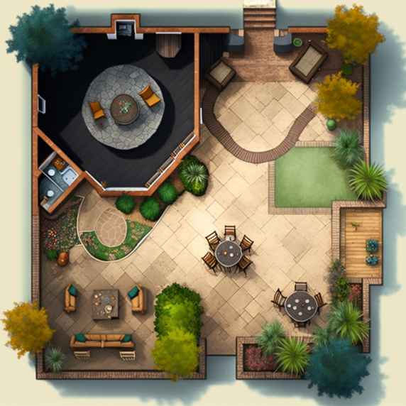 An aerial view of a patio with tables and chairs