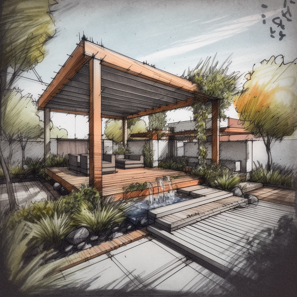 A drawing of a pergola in a garden