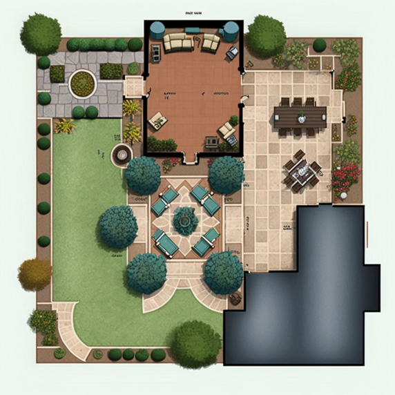 An aerial view of a garden with a house in the background