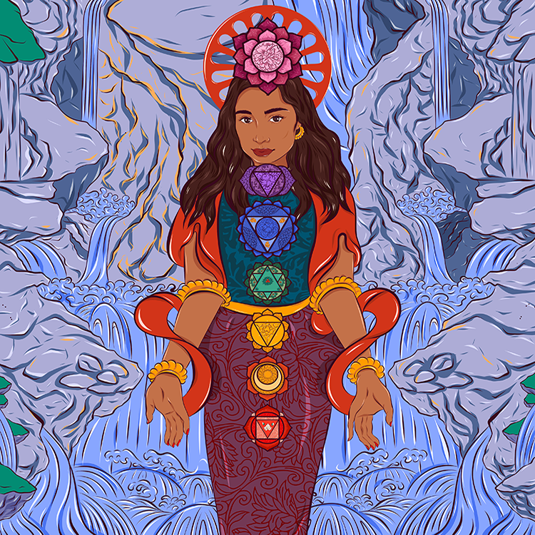A woman is standing in front of a waterfall with chakras on her body.