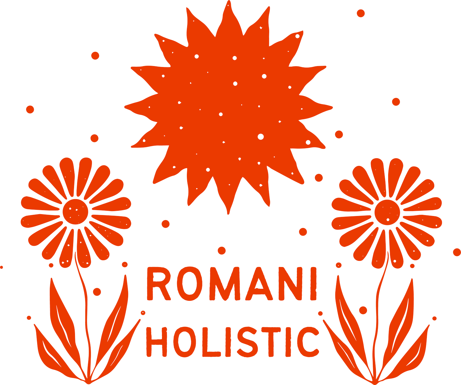 Orange flowers, sun, and text "Romani Holistic."