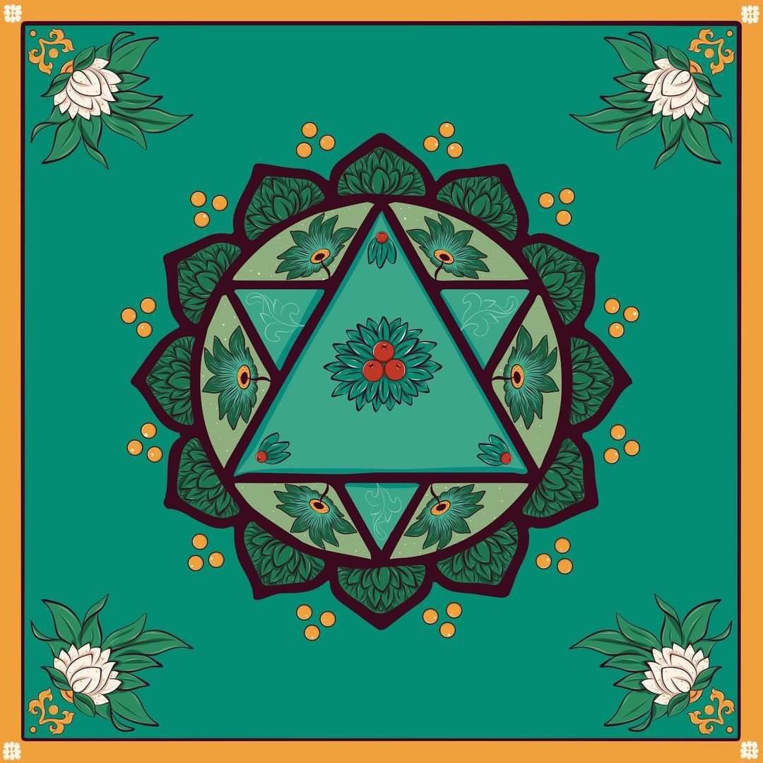 A circular pattern with flowers and leaves on a blue background