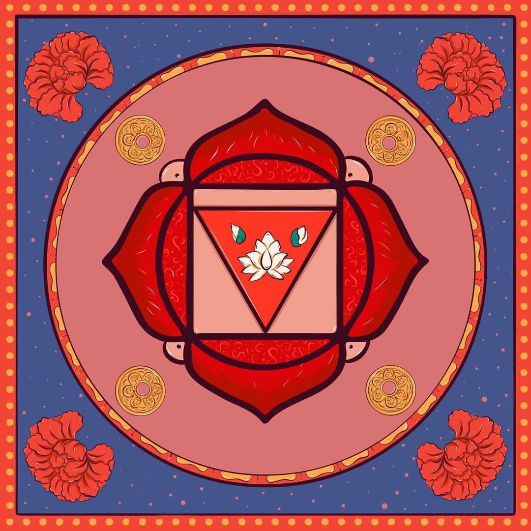A drawing of a red chakra with flowers and coins in a circle.