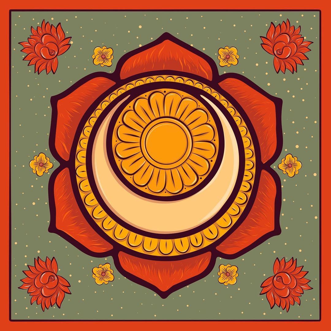 A drawing of a flower with a crescent moon in the center