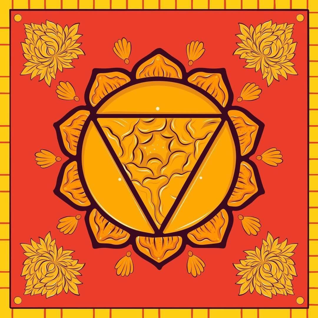 A yellow circle with a triangle in the middle on a red background surrounded by flowers.