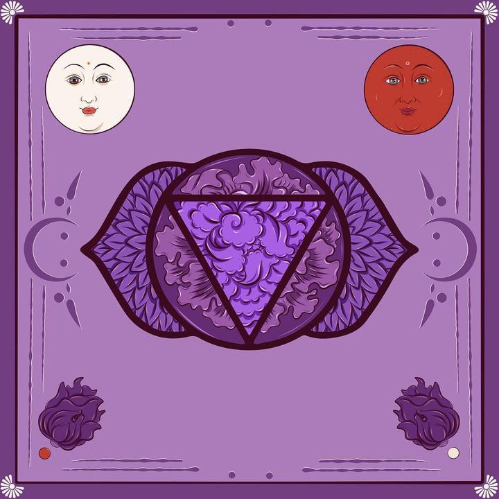 A purple chakra with a triangle in the middle on a purple background.