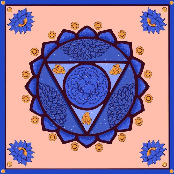 A blue mandala with flowers and leaves on a pink background.