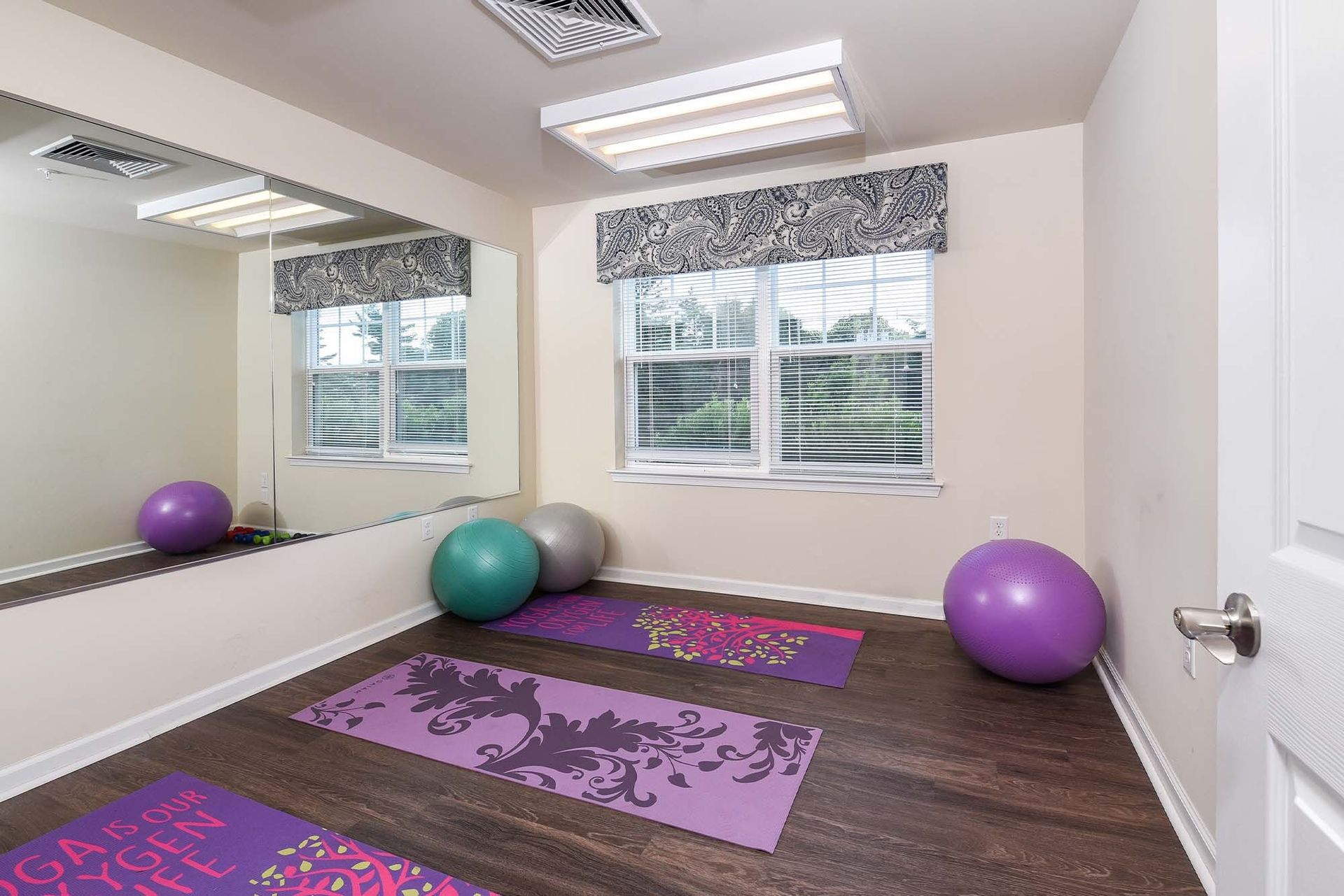 Fitness room with mirrors, a window, yoga mats, and exercise balls.