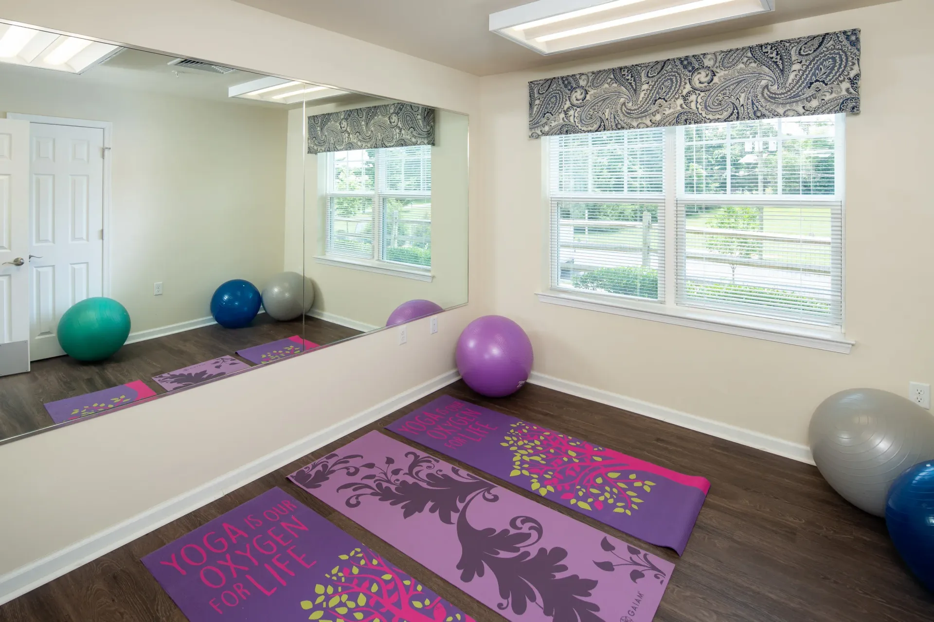 Bright yoga/fitness room with mats, exercise balls, mirrors, and windows.
