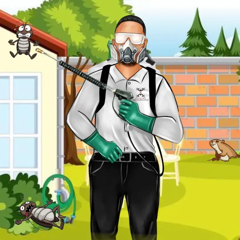 A man wearing a gas mask and gloves is spraying insecticide on a house.