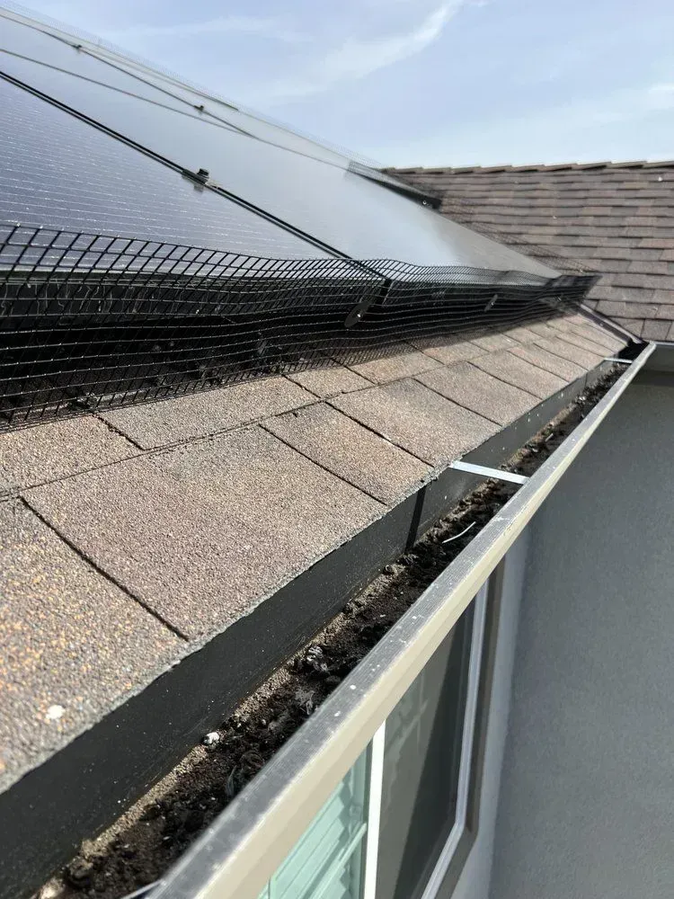 A gutter on the side of a house with a solar panel on the roof.