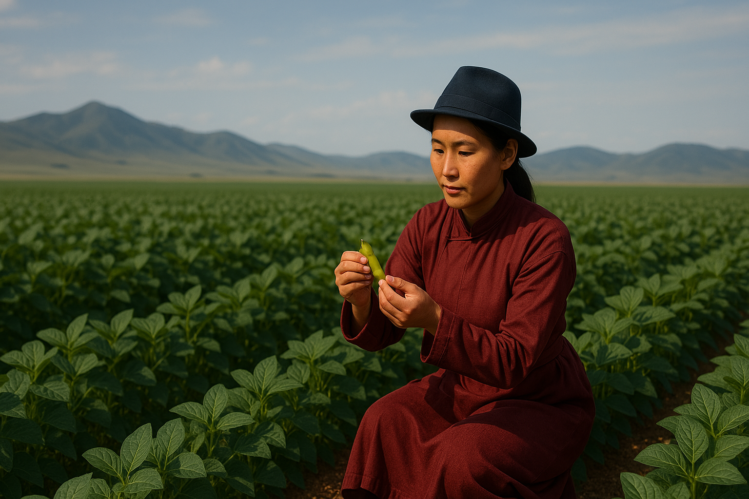 A woman in a hat is sitting in a field of plants.
