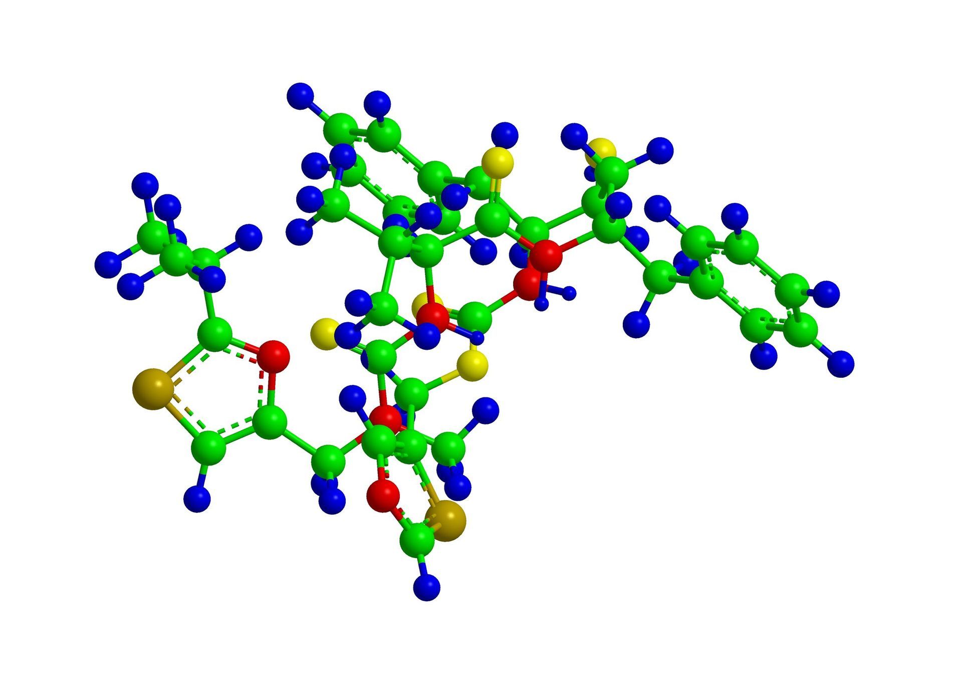 A 3d model of a chemical structure with colored molecules on a white background.