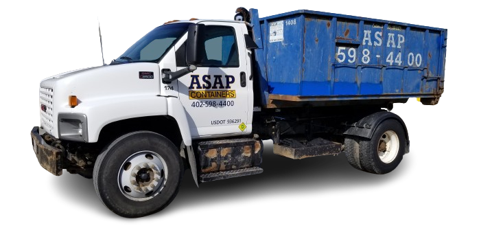 A dump truck with the word asap on the side