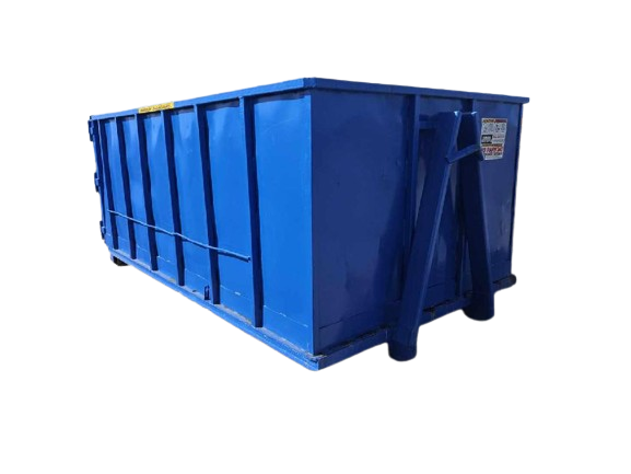 A blue dumpster is sitting on a white surface.