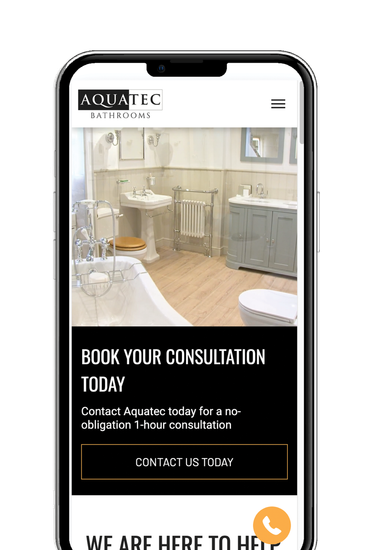 Mobile phone displaying a website for Aqua TLC, offering consultation for bathrooms with a black and white call to action.