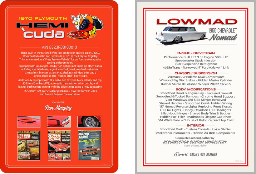 Lowmad & 70 Hemi cuda car show sign boards