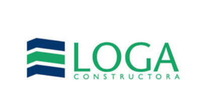 Logotipo: Diseño geométrico con líneas azules, verdes y blancas; la palabra “LOGA” y “CONSTRUCTORA” en verde.