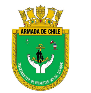 Escudo del Departamento de Bienestar Social de la Armada de Chile en Iquique, con imágenes de manos, personas, un ancla y la bandera chilena.