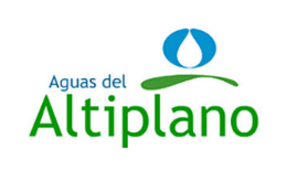 Logotipo de Aguas del Altiplano, con una gota de agua azul sobre línea curva verde y texto verde.