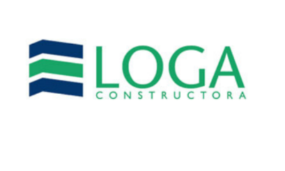 Logotipo para LOGA Constructora que presenta un diseño de edificio abstracto verde y azul con el nombre de la empresa.
