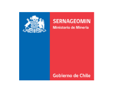Logotipo del SERNAGEOMIN, Ministerio de Minería de Chile. Secciones verticales en azul y rojo con el escudo de armas de Chile y texto.
