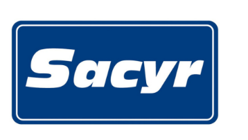 Logotipo de Sacyr azul y blanco dentro de un rectángulo redondeado azul.