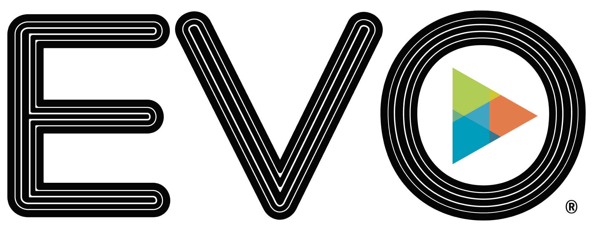 A logo for evo with a play button in the middle.