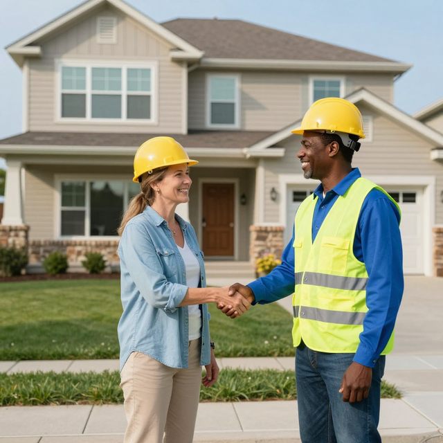 Two people in hard hats and safety gear shake hands in front of a suburban house.
