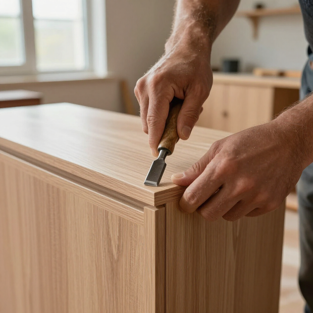 A person uses a chisel to refine the edge of a light-colored wooden cabinet in a workshop.