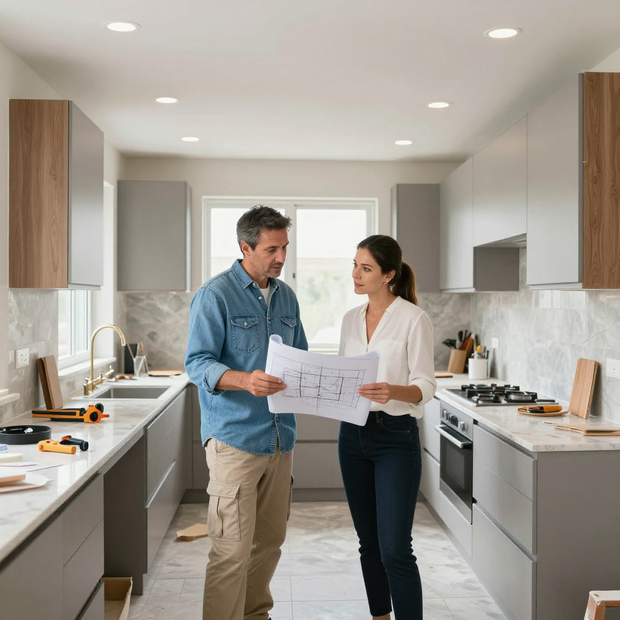 A professional in a kitchen reviews architectural blueprints with a client while standing between gray cabinetry.