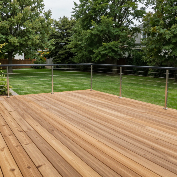 A wooden deck with a modern stainless steel railing overlooks a lush green backyard with mature trees.