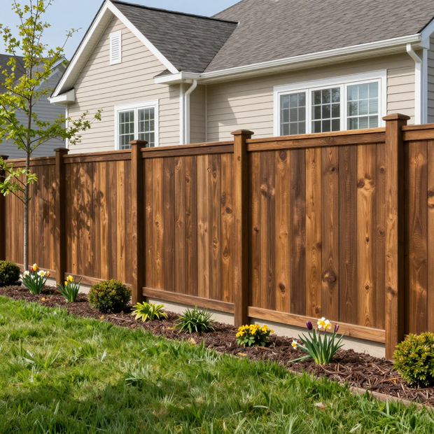 A tall, stained-wood privacy fence runs in front of a tan house with a gray shingled roof and a manicured lawn.