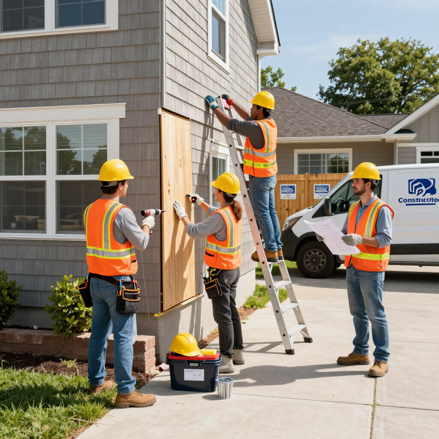 Four construction workers in safety gear repair a house exterior, with one person on a ladder and another holding plans.