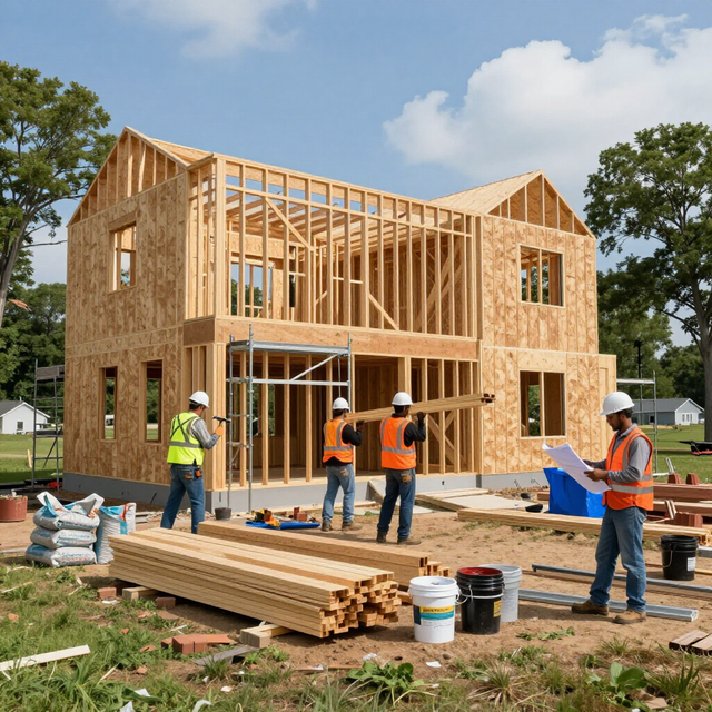 Construction workers in high-visibility vests work on the wood frame of a partially built house under a sunny sky.