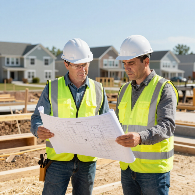 Two workers in hard hats and high-visibility vests review blueprints at a residential construction site.