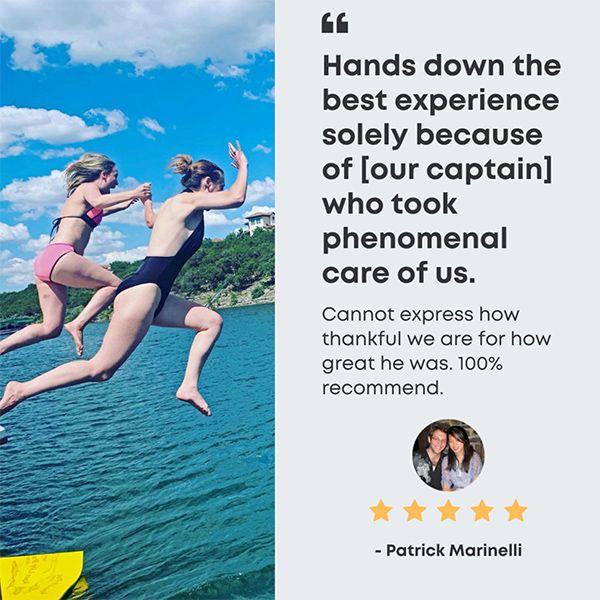 testimonial from Patrick Marinelli about the Lake Travis tour boat rental from Lone Star Party Boats Lake Travis