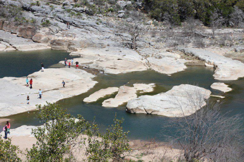 overhead view of people hiking at Pedernales Falls State Park in Austin, Texas
