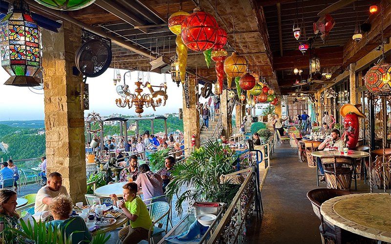 Families eating at The Oasis in Lake Travis, Texas