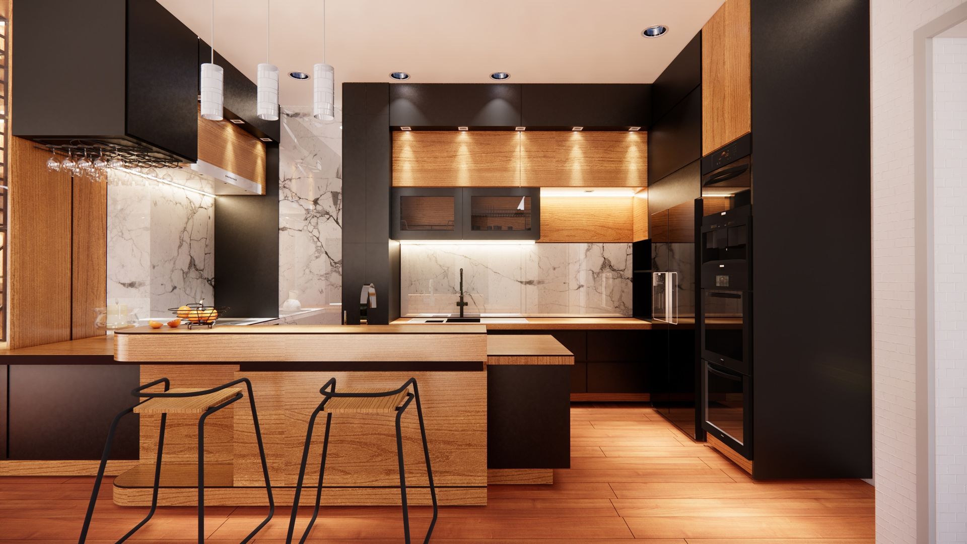 Modern kitchen with wood and black cabinets, marble backsplash, and bar seating.