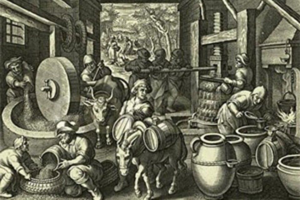 Raffigurazione antica produzione olio d'oliva