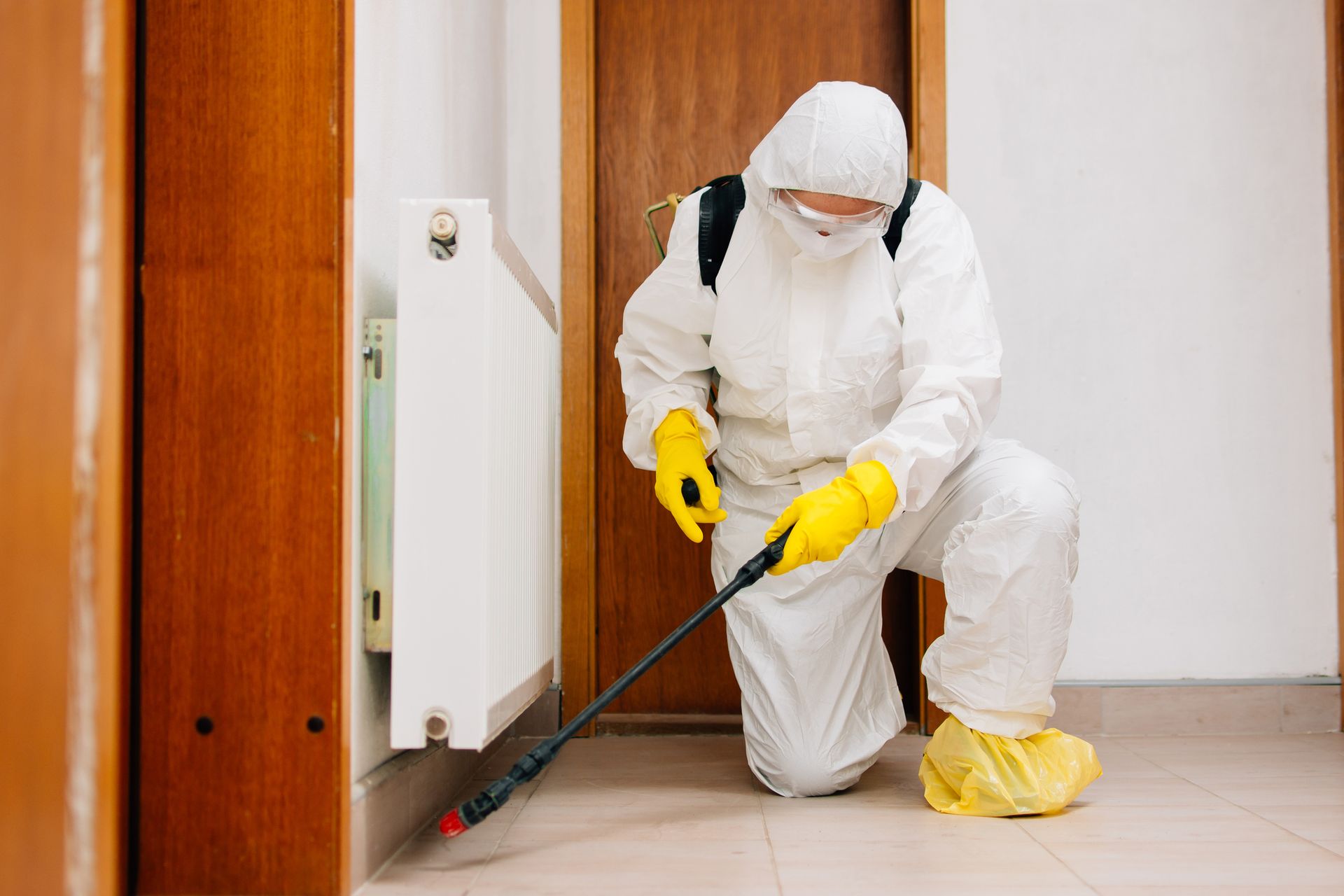 Male worker in hazmat suit sprays base of wall near indoor radiator.