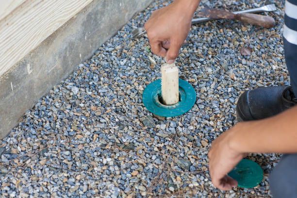 A person is putting termite bait in the ground.