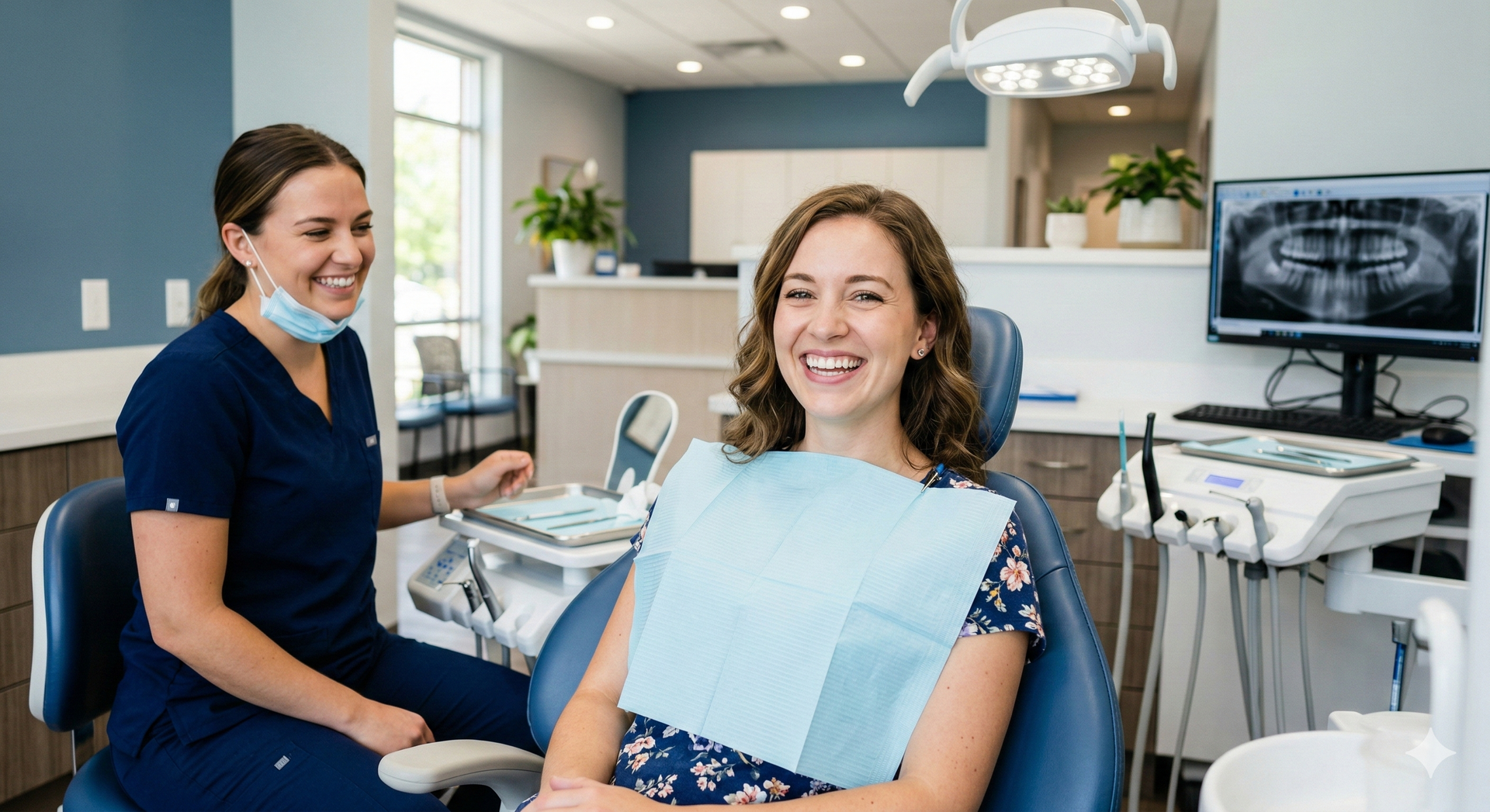 Dentist and patient smiling in a dental office; blue scrubs, dental chair, and equipment.
