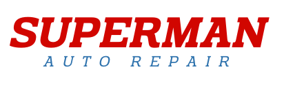 A red and white logo for superman auto repair